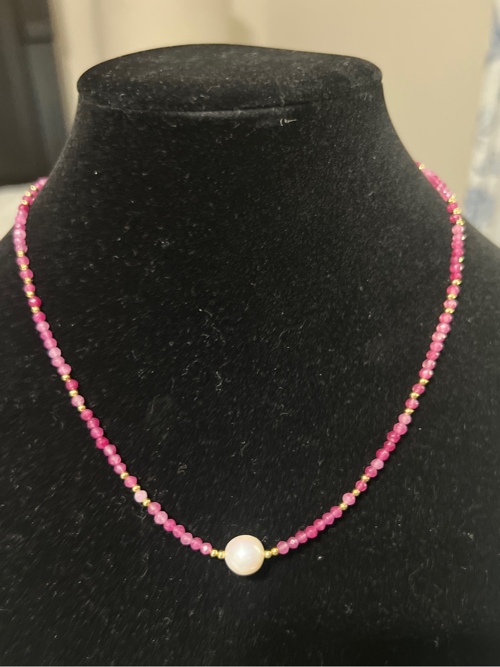 Hand Crafted Hot Pink Beaded Necklace with Gold Disc